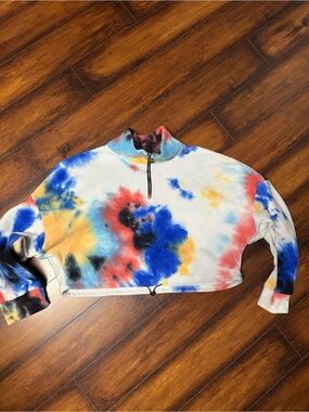 SHEIN Tie-Dye Fleece Quarter-Zip Pullover in Blue, Red, Black
